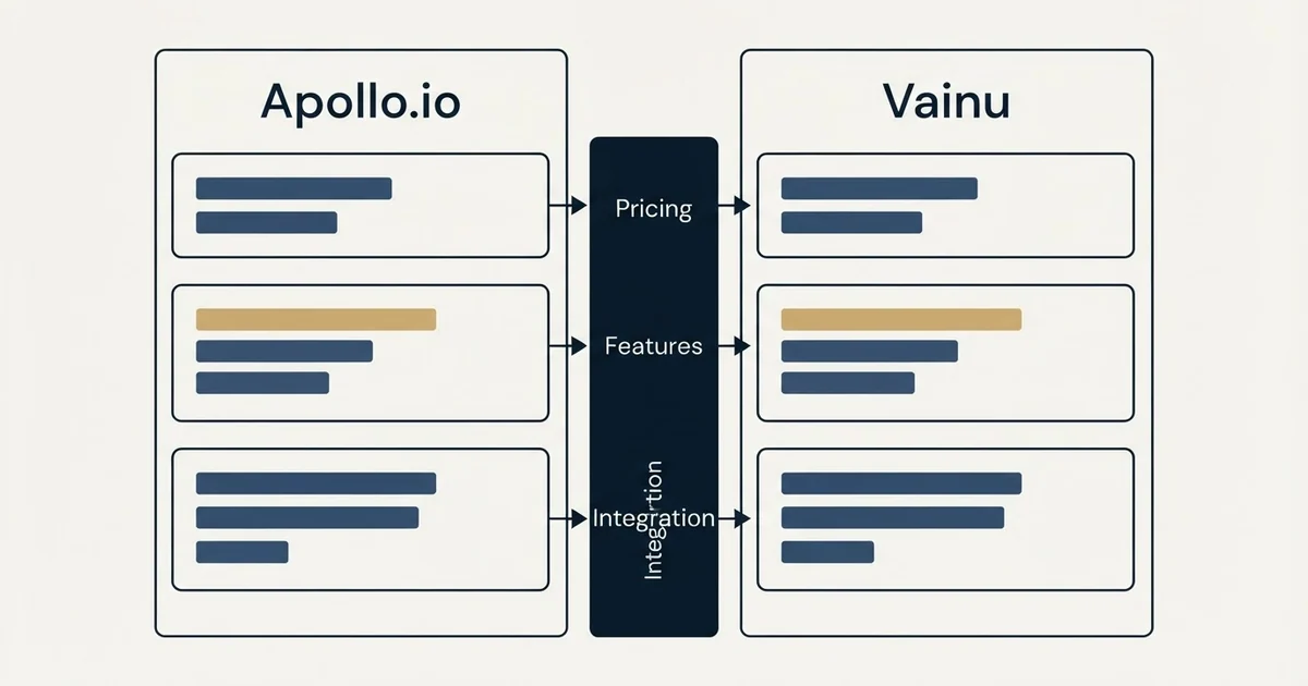 Comparison panel: Apollo.io vs Vainu (Pricing, Features, Integration)