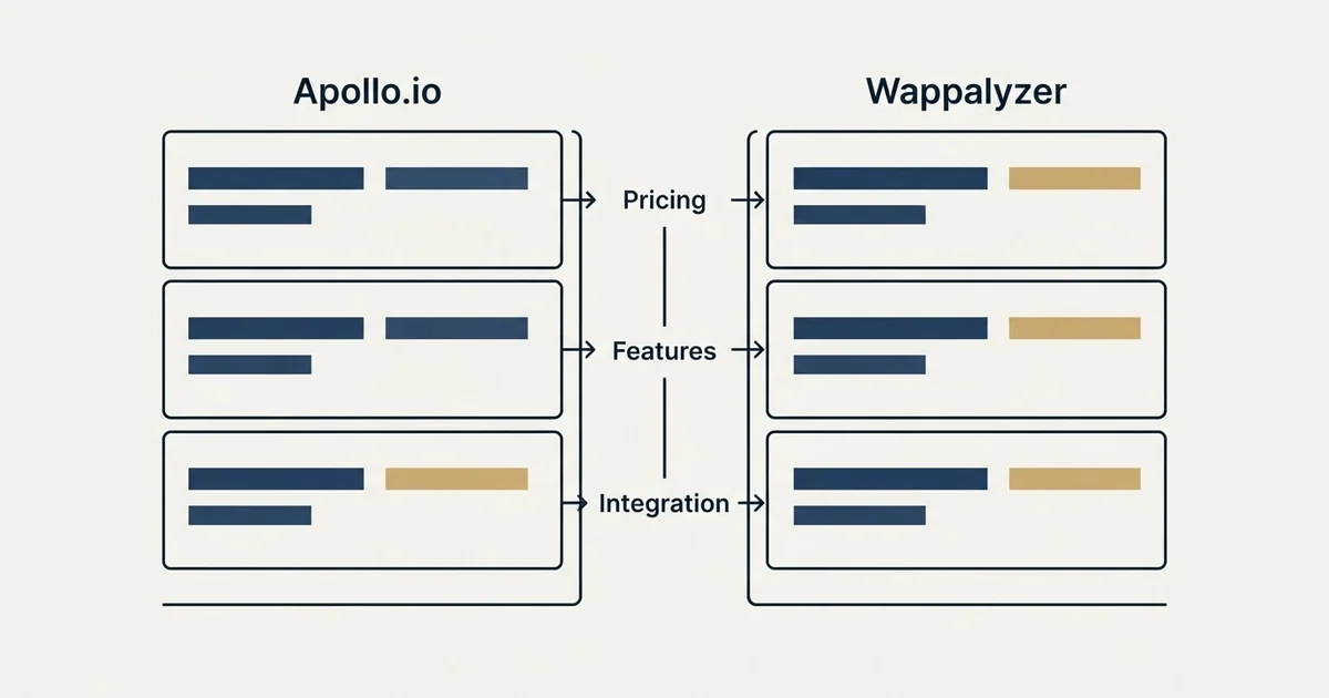 Comparison panel: Apollo.io vs Wappalyzer (Pricing, Features, Integration)