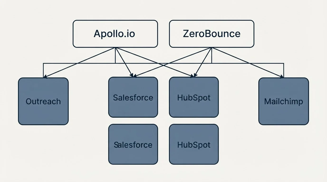 Integration grid: Integration Ecosystem (Apollo.io, ZeroBounce, Salesforce, HubSpot)