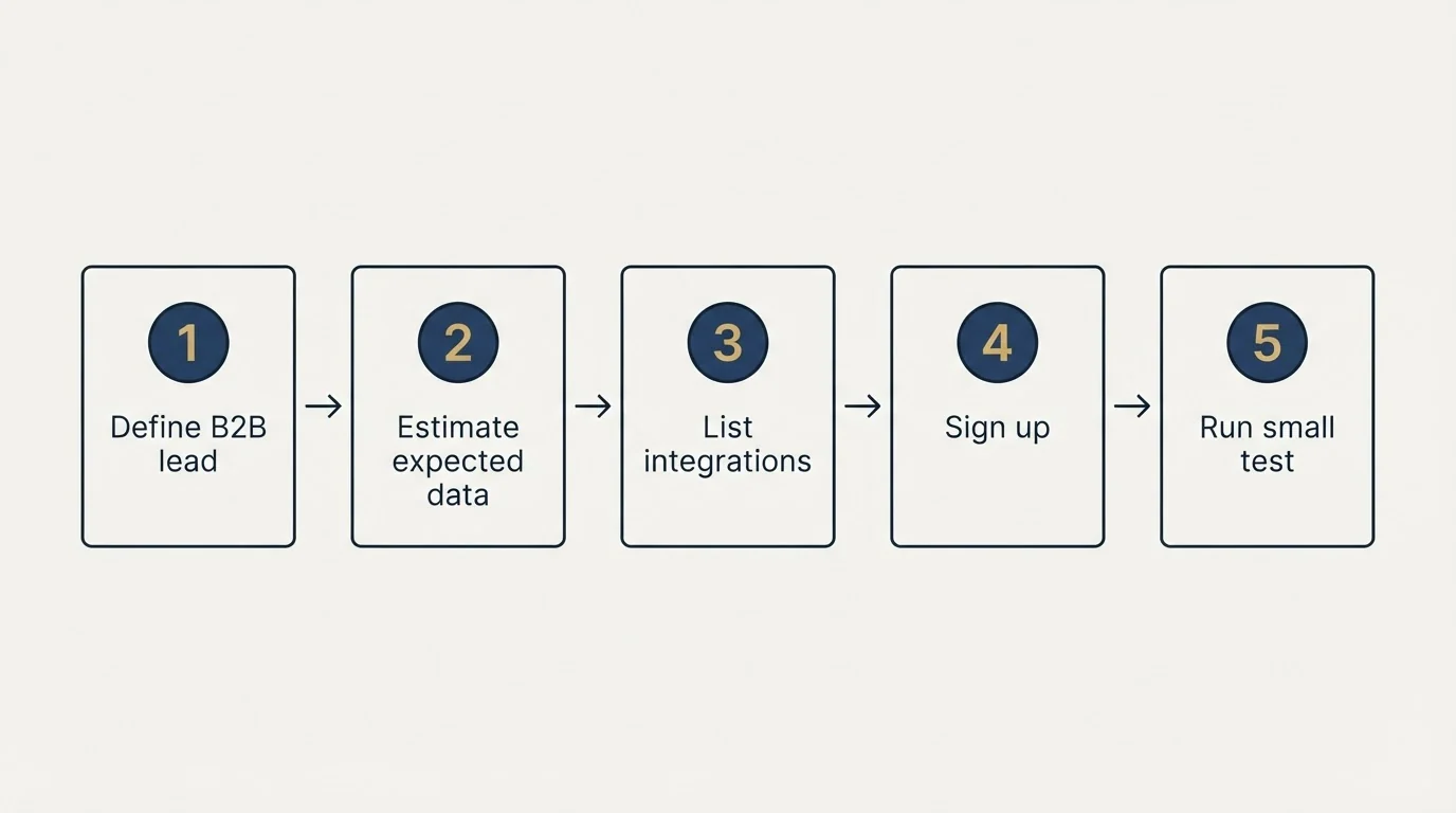 Step sequence: Getting Started Checklist (Define B2B lead, Estimate expected data, List integrations, Sign up)
