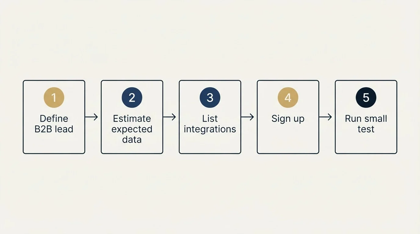 Step sequence: Getting Started Checklist (Define B2B lead, Estimate expected data, List integrations, Sign up)