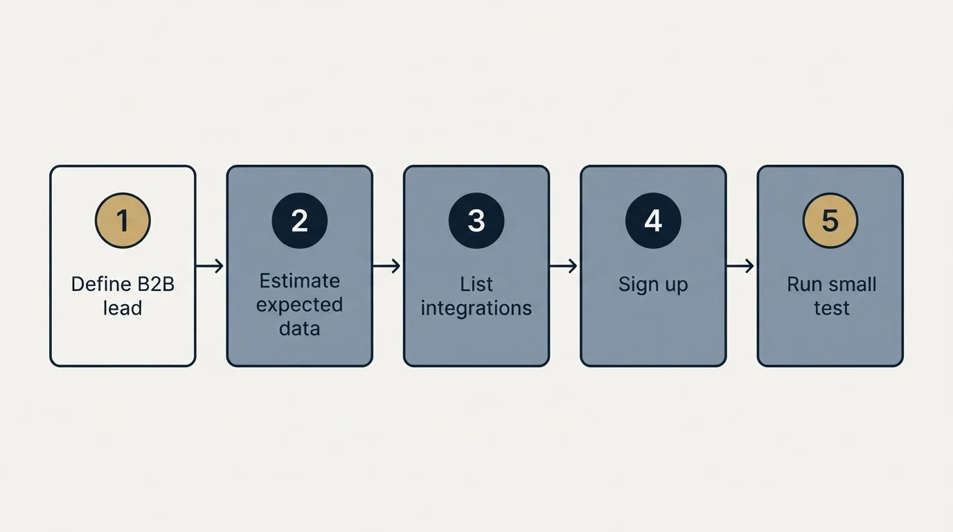 Step sequence: Getting Started Checklist (Define B2B lead, Estimate expected data, List integrations, Sign up)