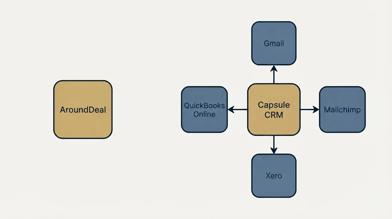 Integration schematic: Integration Ecosystem (AroundDeal, Capsule CRM, Gmail, Mailchimp)