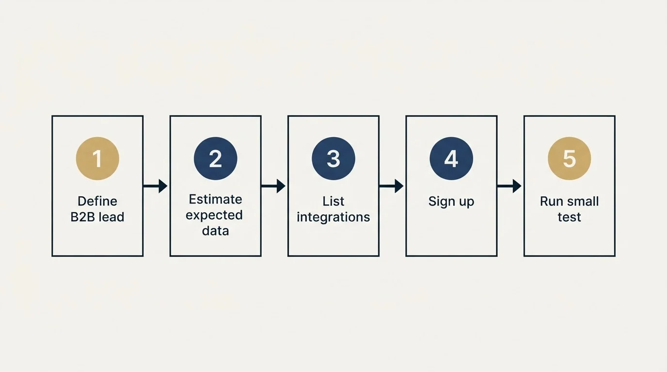 Step sequence: Getting Started Checklist (Define B2B lead, Estimate expected data, List integrations, Sign up)