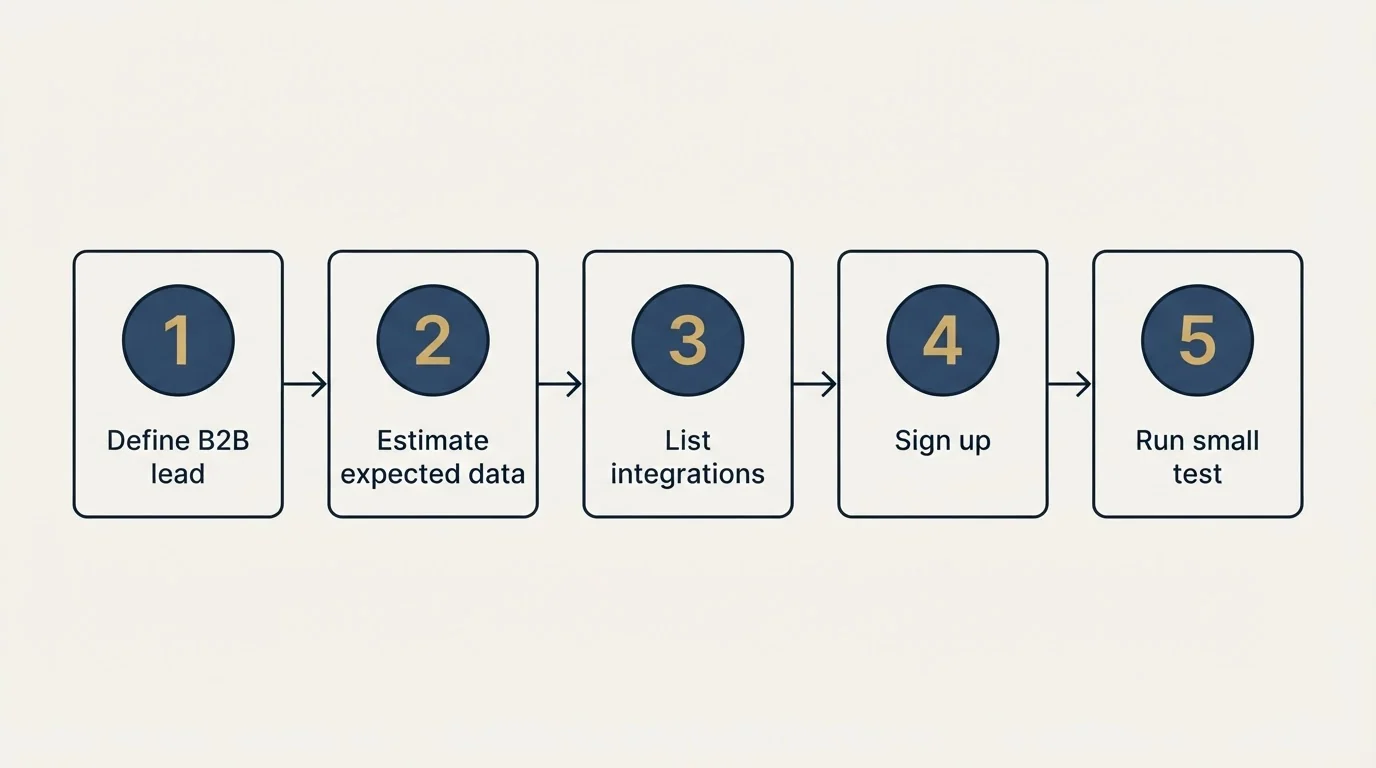 Step sequence: Getting Started Checklist (Define B2B lead, Estimate expected data, List integrations, Sign up)