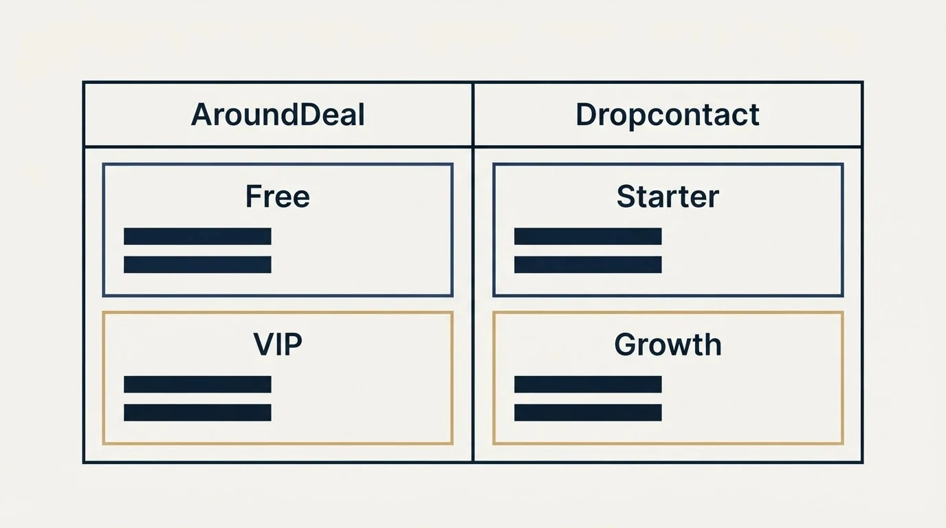 Pricing table: Pricing Comparison (AroundDeal, Dropcontact, Free, Starter)