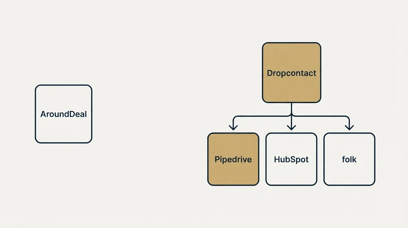 Integration schematic: Integration Ecosystem (AroundDeal, Dropcontact, Pipedrive, HubSpot)