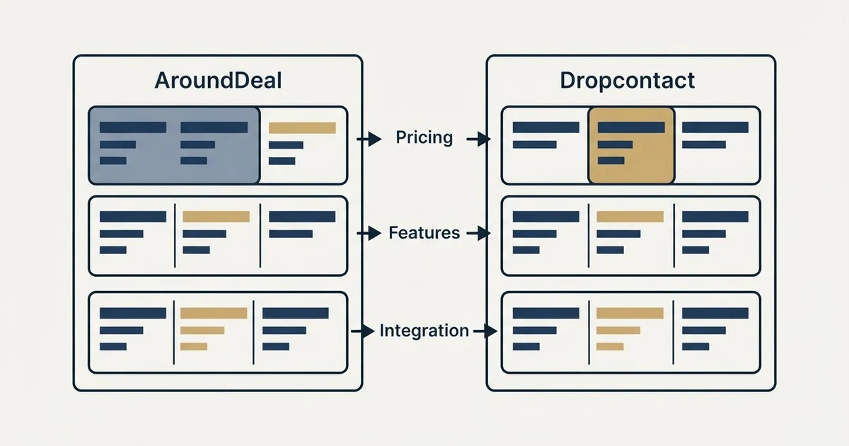 Comparison panel: AroundDeal vs Dropcontact (Pricing, Features, Integration)