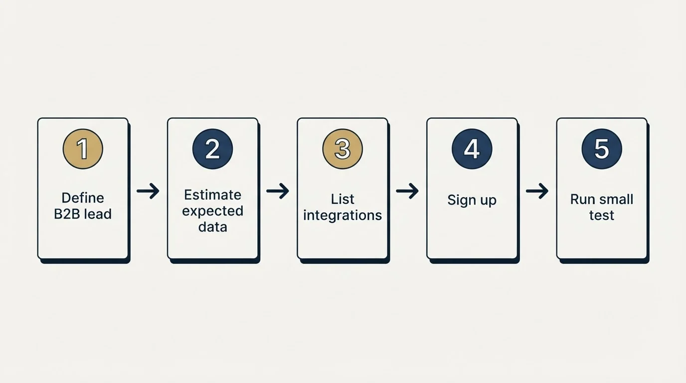 Step sequence: Getting Started Checklist (Define B2B lead, Estimate expected data, List integrations, Sign up)