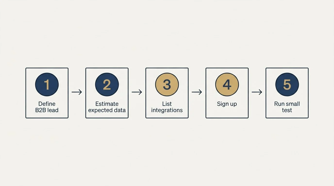 Step sequence: Getting Started Checklist (Define B2B lead, Estimate expected data, List integrations, Sign up)