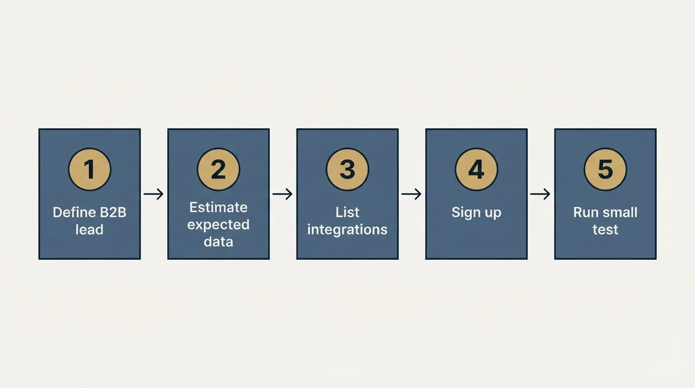 Step sequence: Getting Started Checklist (Define B2B lead, Estimate expected data, List integrations, Sign up)