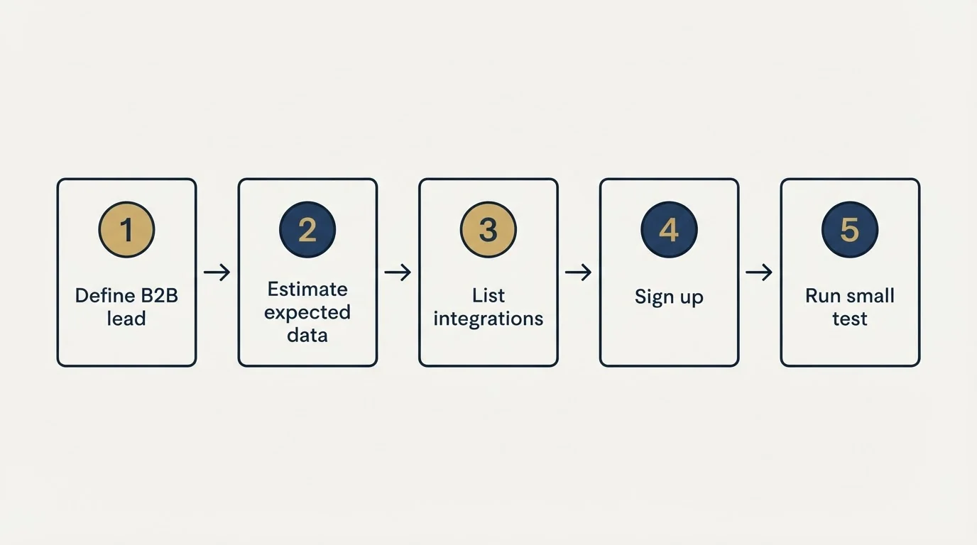 Step sequence: Getting Started Checklist (Define B2B lead, Estimate expected data, List integrations, Sign up)