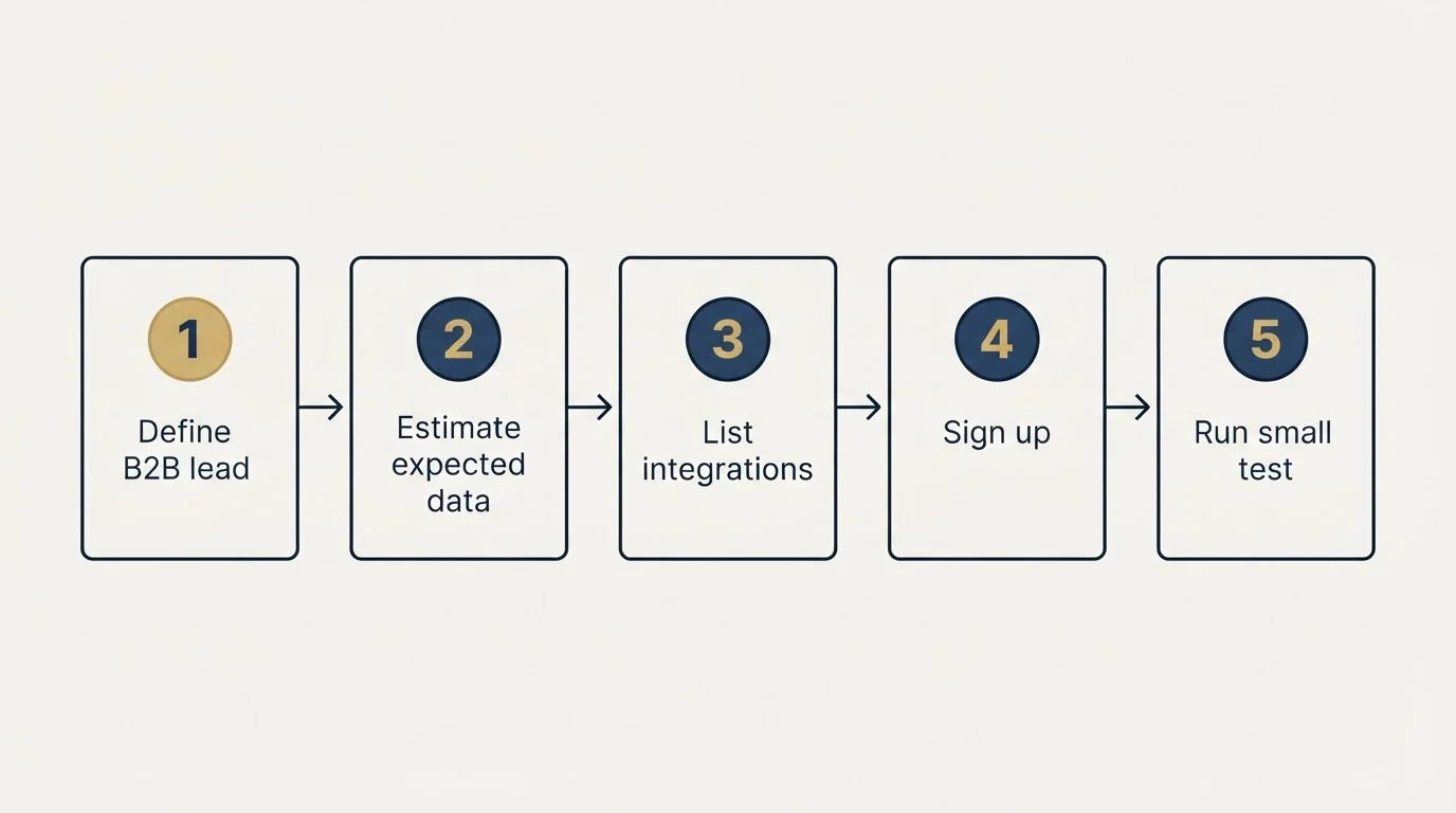 Step sequence: Getting Started Checklist (Define B2B lead, Estimate expected data, List integrations, Sign up)