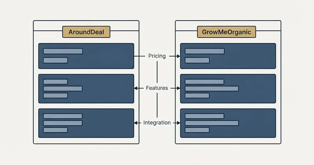 Comparison panel: AroundDeal vs GrowMeOrganic (Pricing, Features, Integration)