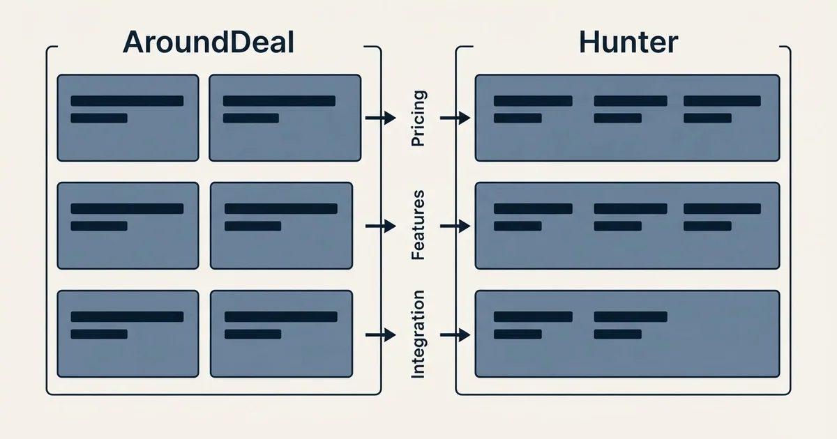 Comparison panel: AroundDeal vs Hunter (Pricing, Features, Integration)