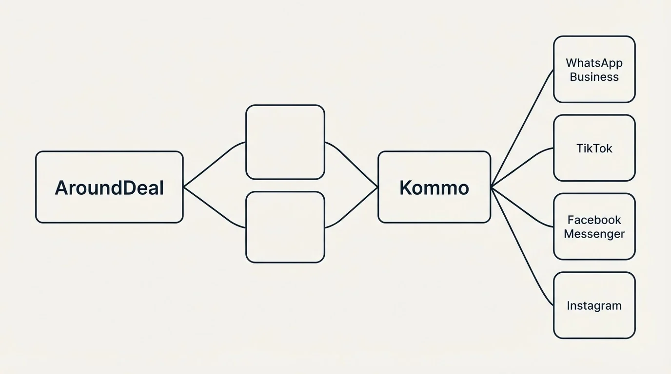 Integration schematic: Integration Ecosystem (AroundDeal, Kommo, WhatsApp Business, TikTok)
