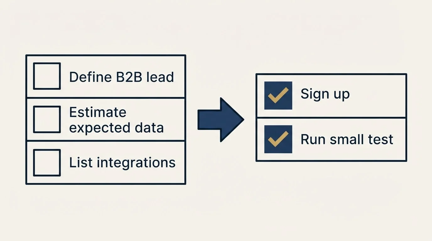 Before-and-after steps: Getting Started Checklist (Define B2B lead, Estimate expected data, List integrations, Sign up)