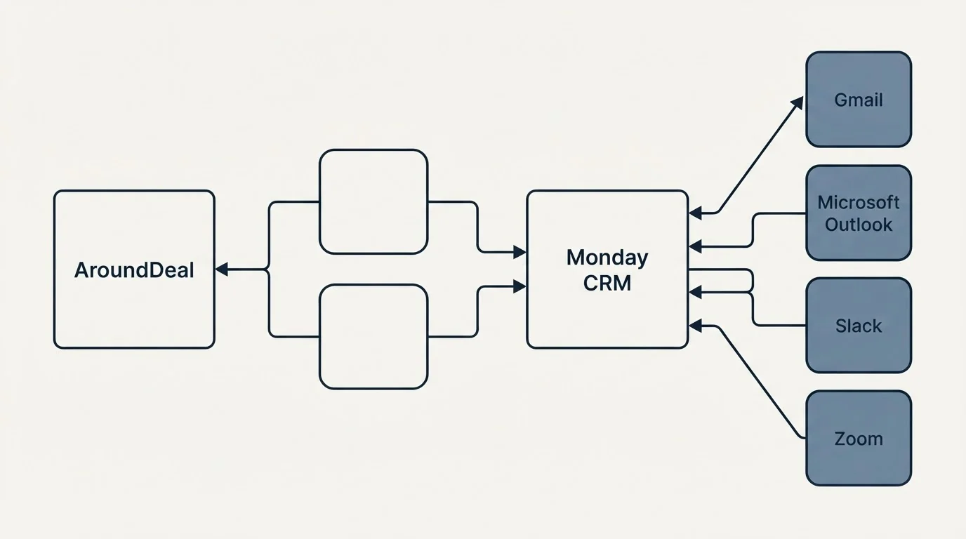 Integration schematic: Integration Ecosystem (AroundDeal, Monday CRM, Gmail, Microsoft Outlook)