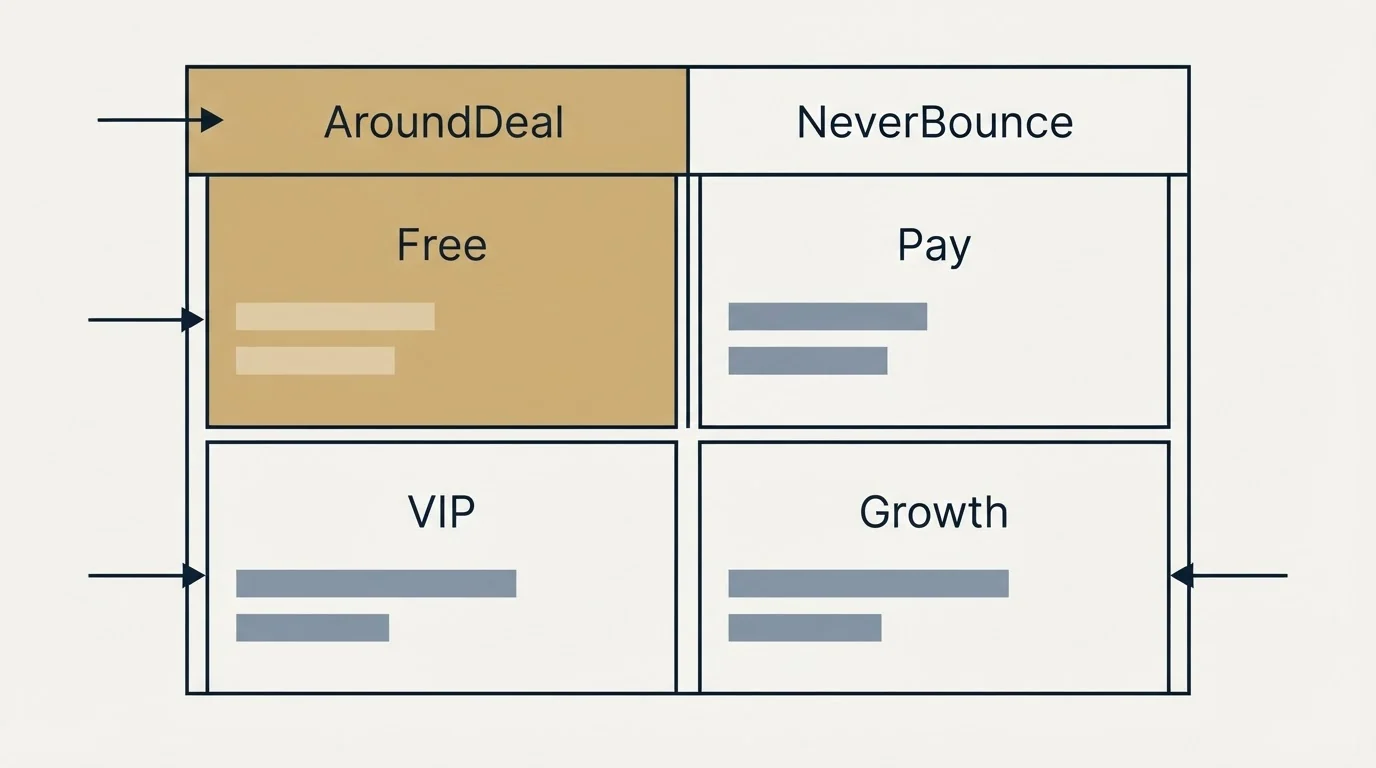 Pricing table: Pricing Comparison (AroundDeal, NeverBounce, Free, Pay)