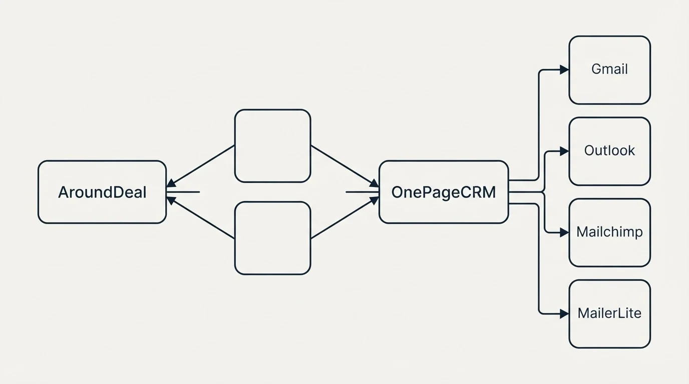 Integration schematic: Integration Ecosystem (AroundDeal, OnePageCRM, Gmail, Outlook)