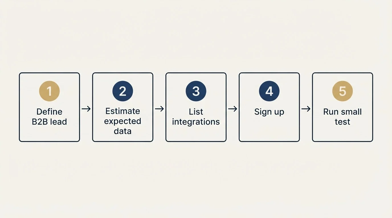 Step sequence: Getting Started Checklist (Define B2B lead, Estimate expected data, List integrations, Sign up)