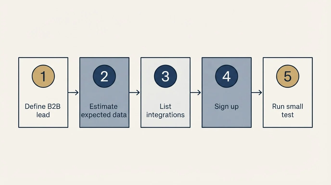 Step sequence: Getting Started Checklist (Define B2B lead, Estimate expected data, List integrations, Sign up)