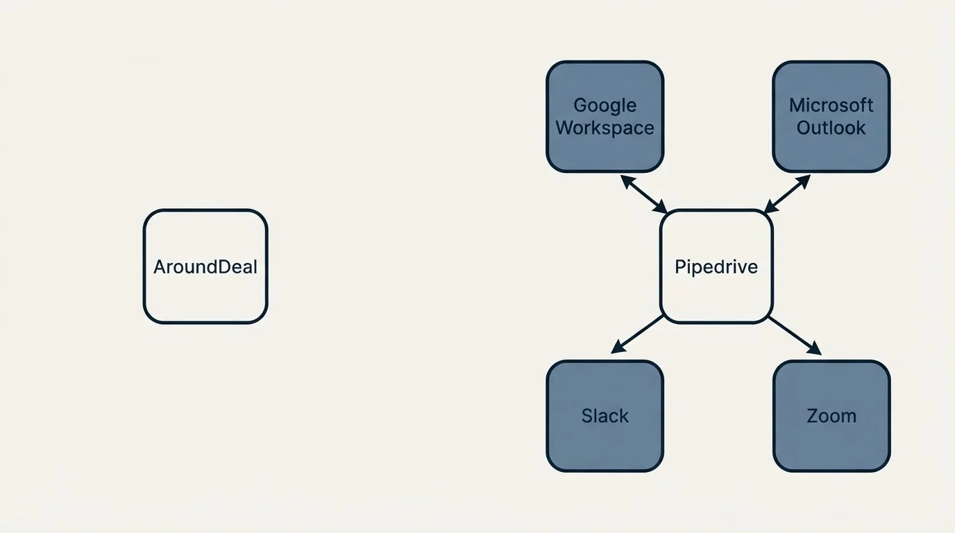 Integration schematic: Integration Ecosystem (AroundDeal, Pipedrive, Google Workspace, Microsoft Outlook)