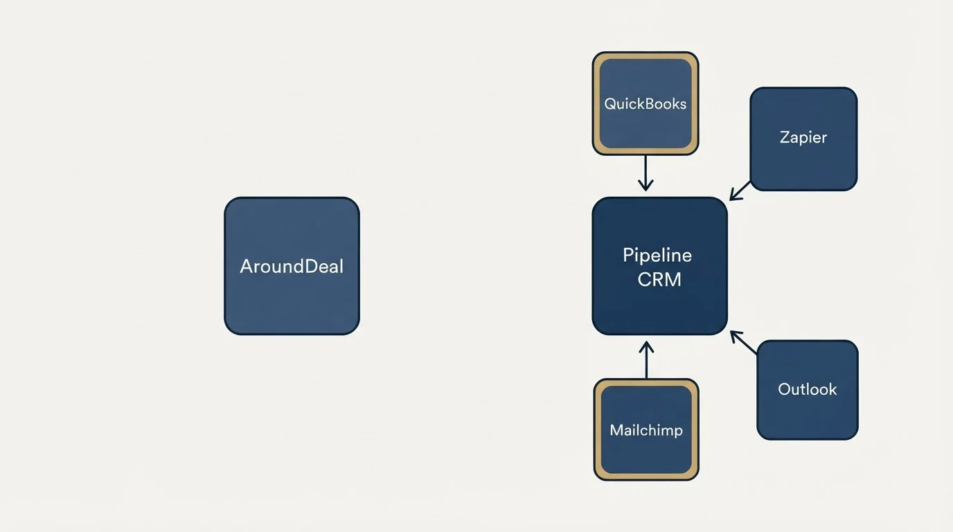 Integration schematic: Integration Ecosystem (AroundDeal, Pipeline CRM, QuickBooks, Zapier)