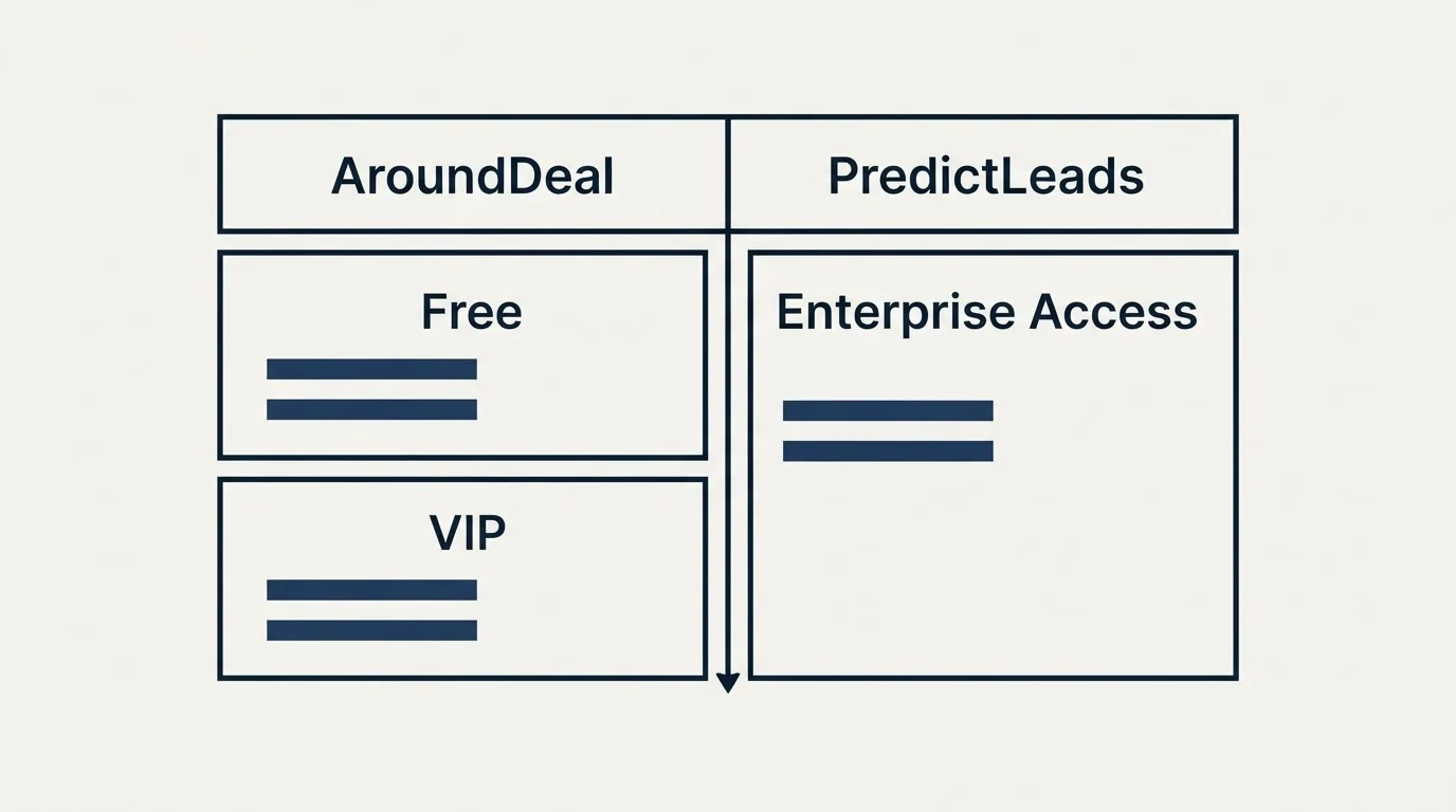 Pricing table: Pricing Comparison (AroundDeal, PredictLeads, Free, Enterprise Access)