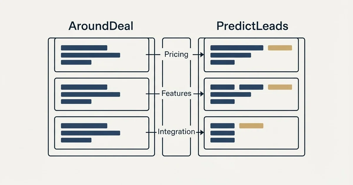 Comparison panel: AroundDeal vs PredictLeads (Pricing, Features, Integration)