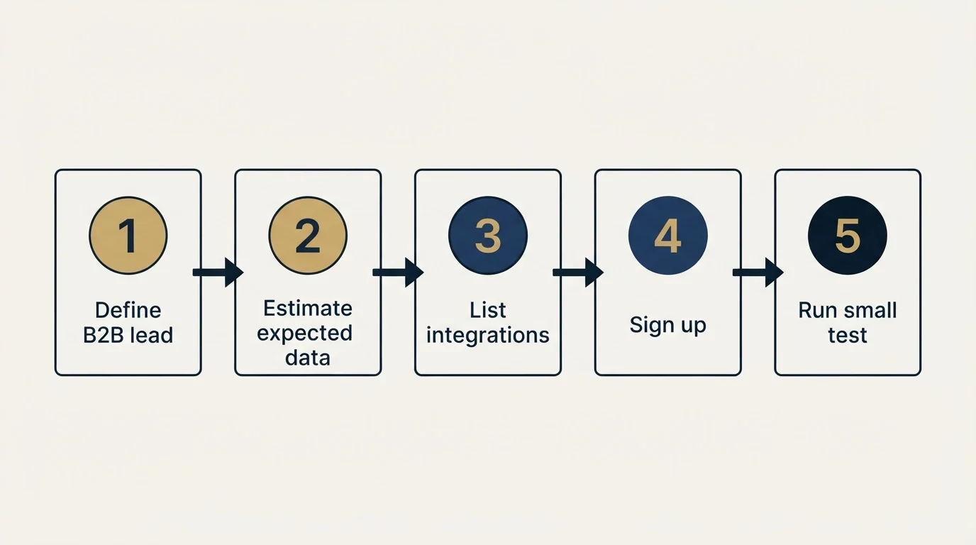 Step sequence: Getting Started Checklist (Define B2B lead, Estimate expected data, List integrations, Sign up)