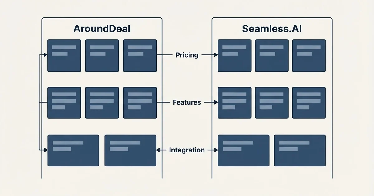 Comparison panel: AroundDeal vs Seamless.AI (Pricing, Features, Integration)