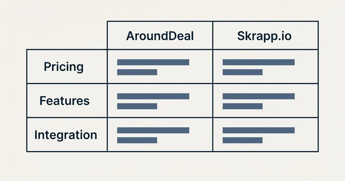 Comparison panel: AroundDeal vs Skrapp.io (Pricing, Features, Integration)