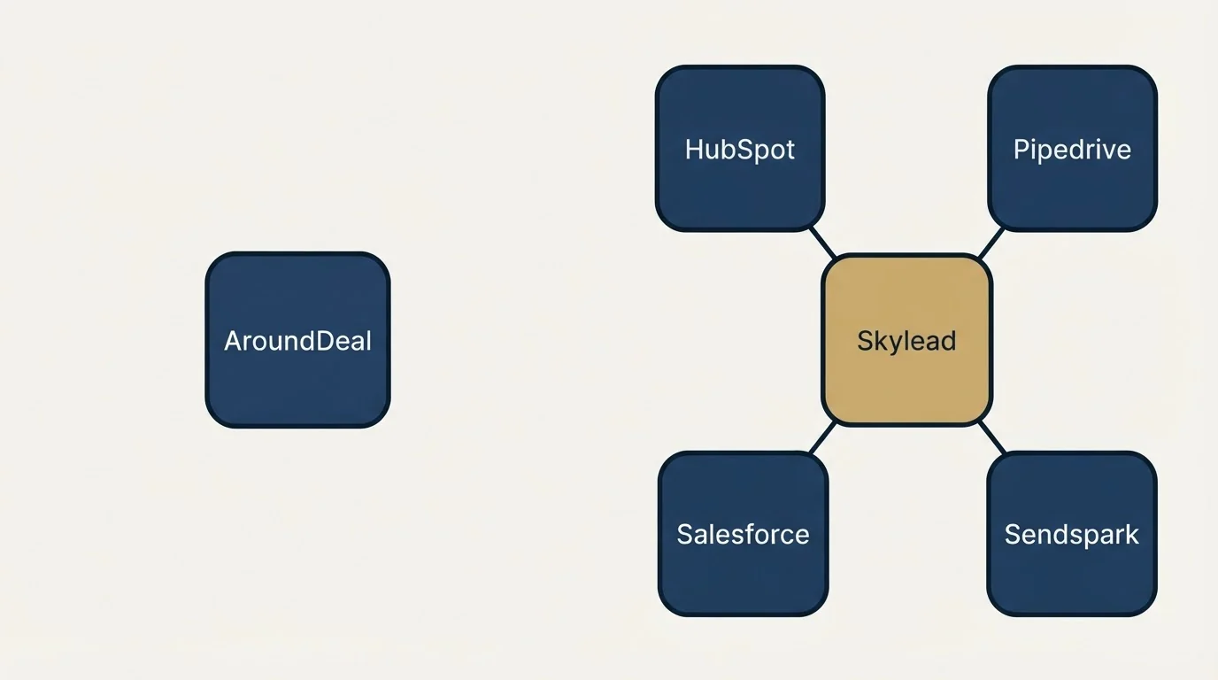 Integration schematic: Integration Ecosystem (AroundDeal, Skylead, HubSpot, Pipedrive)