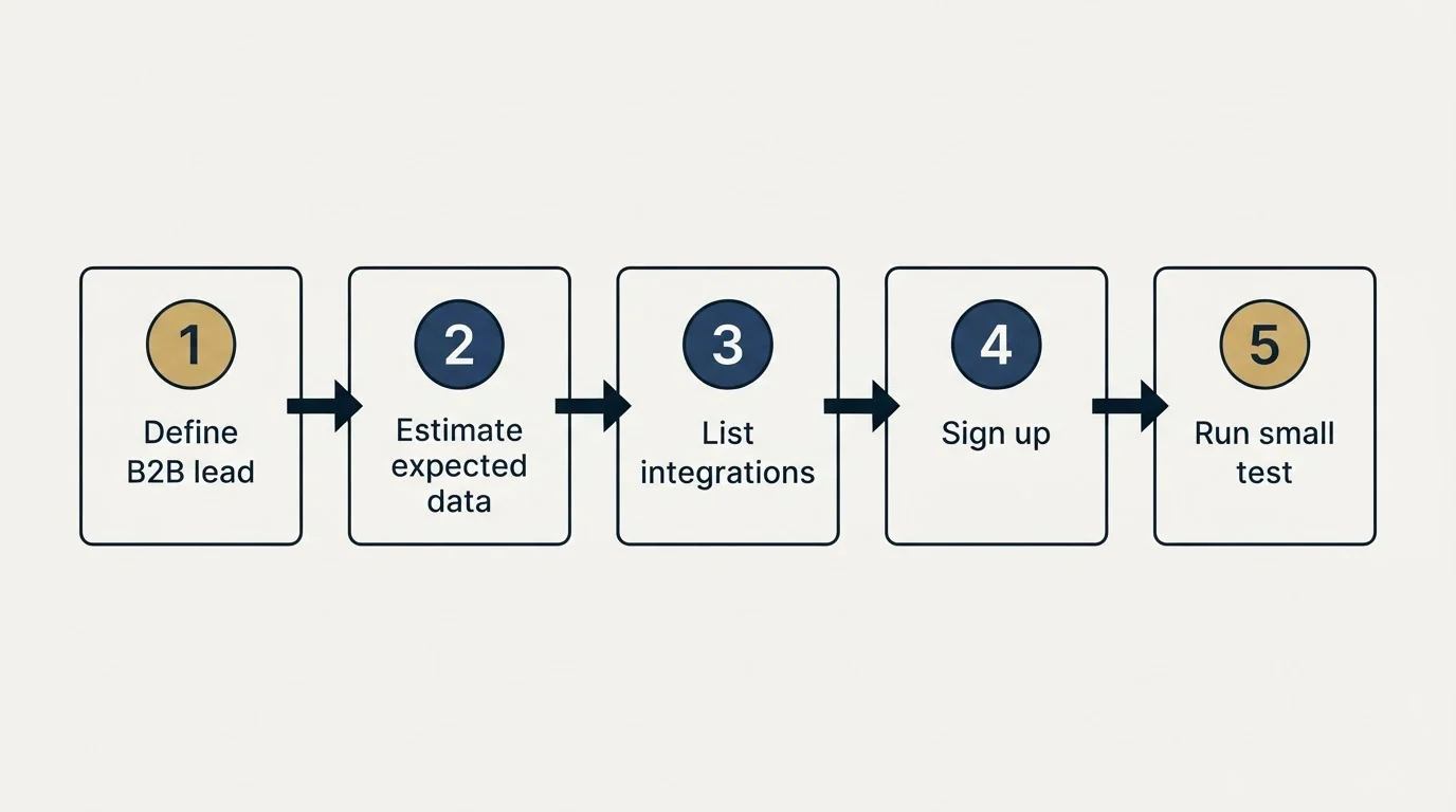 Step sequence: Getting Started Checklist (Define B2B lead, Estimate expected data, List integrations, Sign up)
