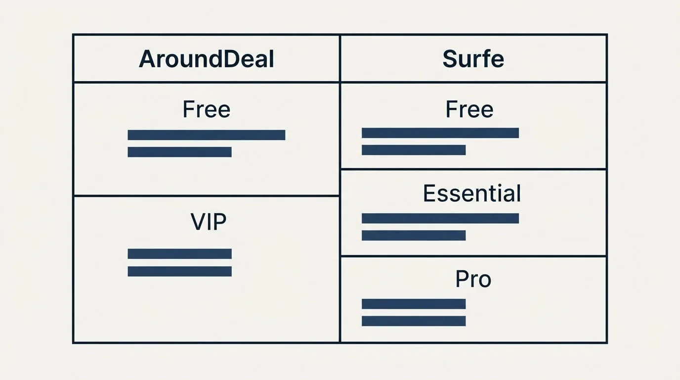 Pricing table: Pricing Comparison (AroundDeal, Surfe, Free, VIP)
