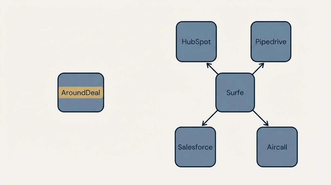 Integration schematic: Integration Ecosystem (AroundDeal, Surfe, HubSpot, Pipedrive)