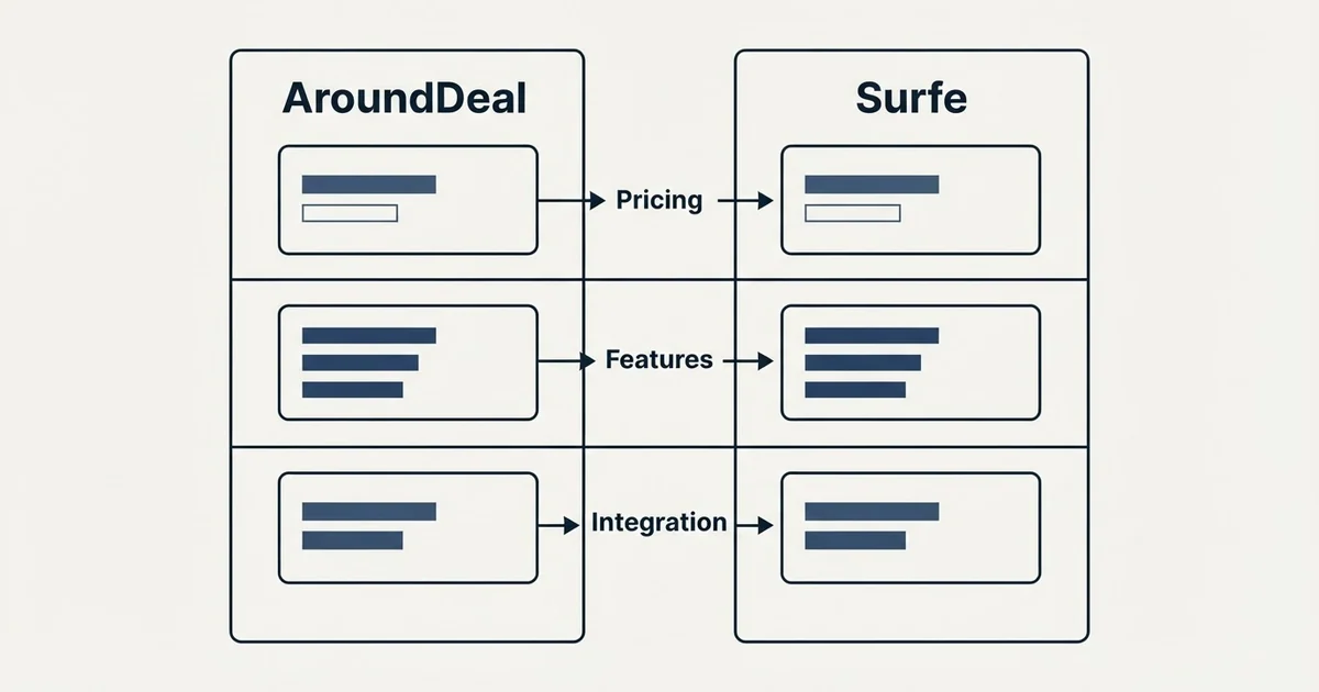 Comparison panel: AroundDeal vs Surfe (Pricing, Features, Integration)