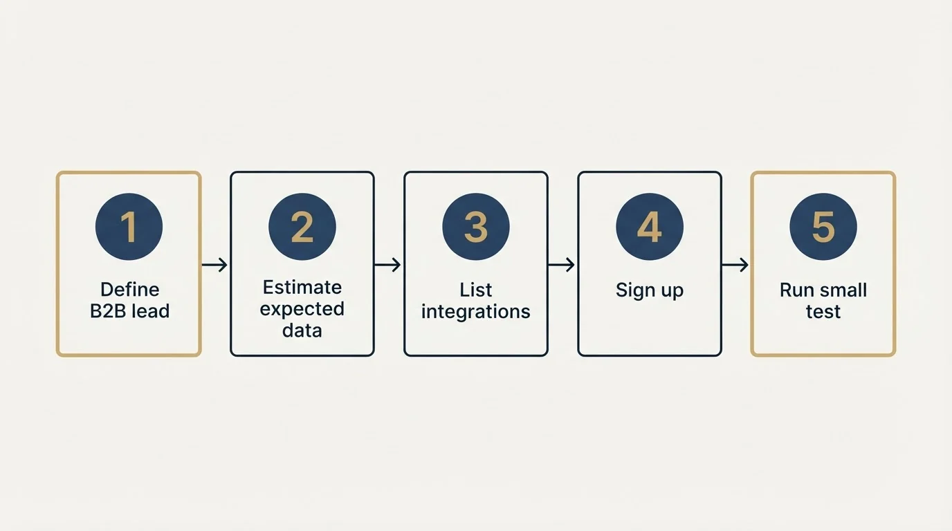 Step sequence: Getting Started Checklist (Define B2B lead, Estimate expected data, List integrations, Sign up)