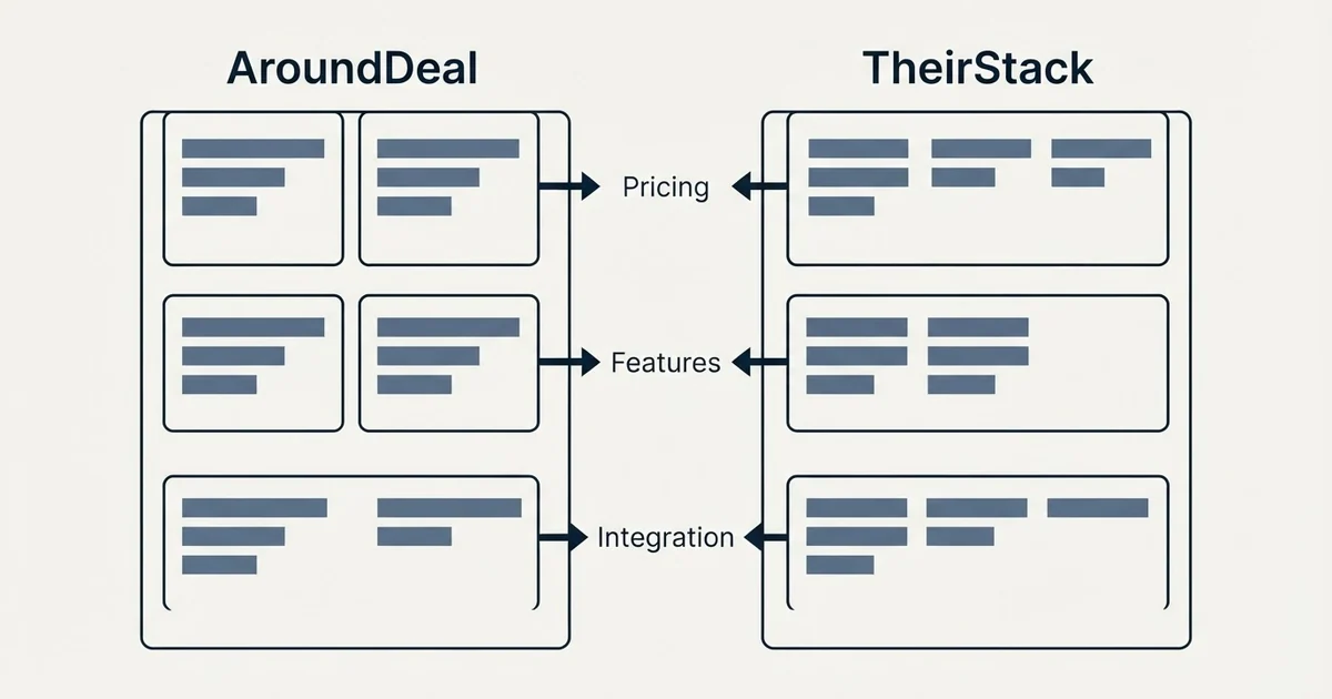 Comparison panel: AroundDeal vs TheirStack (Pricing, Features, Integration)