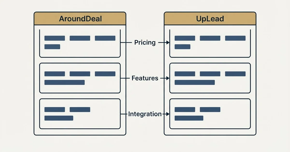 Comparison panel: AroundDeal vs UpLead (Pricing, Features, Integration)