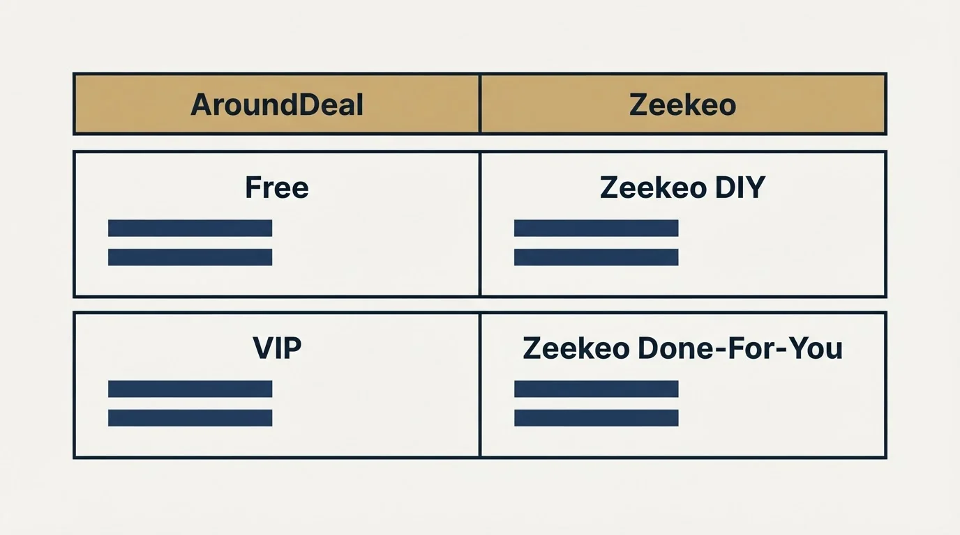 Pricing table: Pricing Comparison (AroundDeal, Zeekeo, Free, Zeekeo DIY)