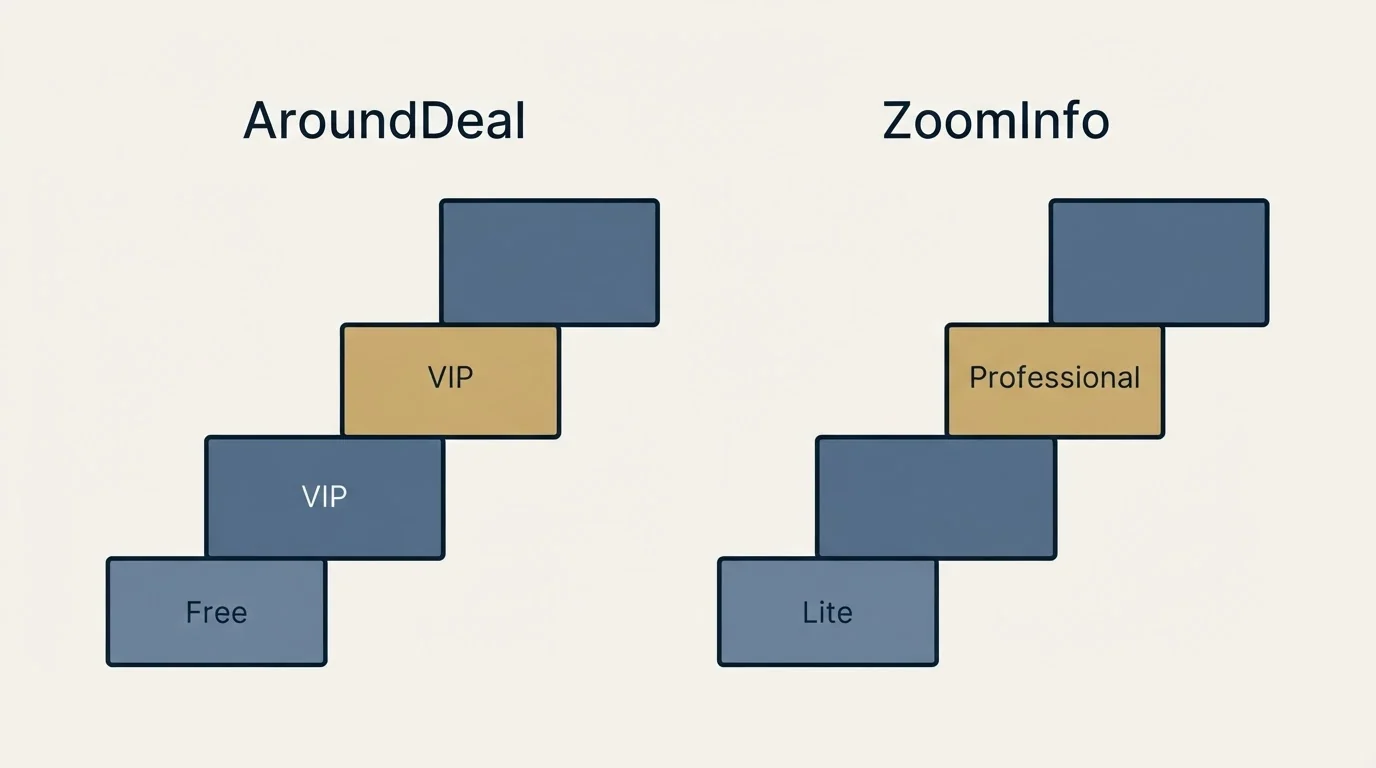 Pricing ladder: Pricing Comparison (AroundDeal, ZoomInfo, Free, Lite)