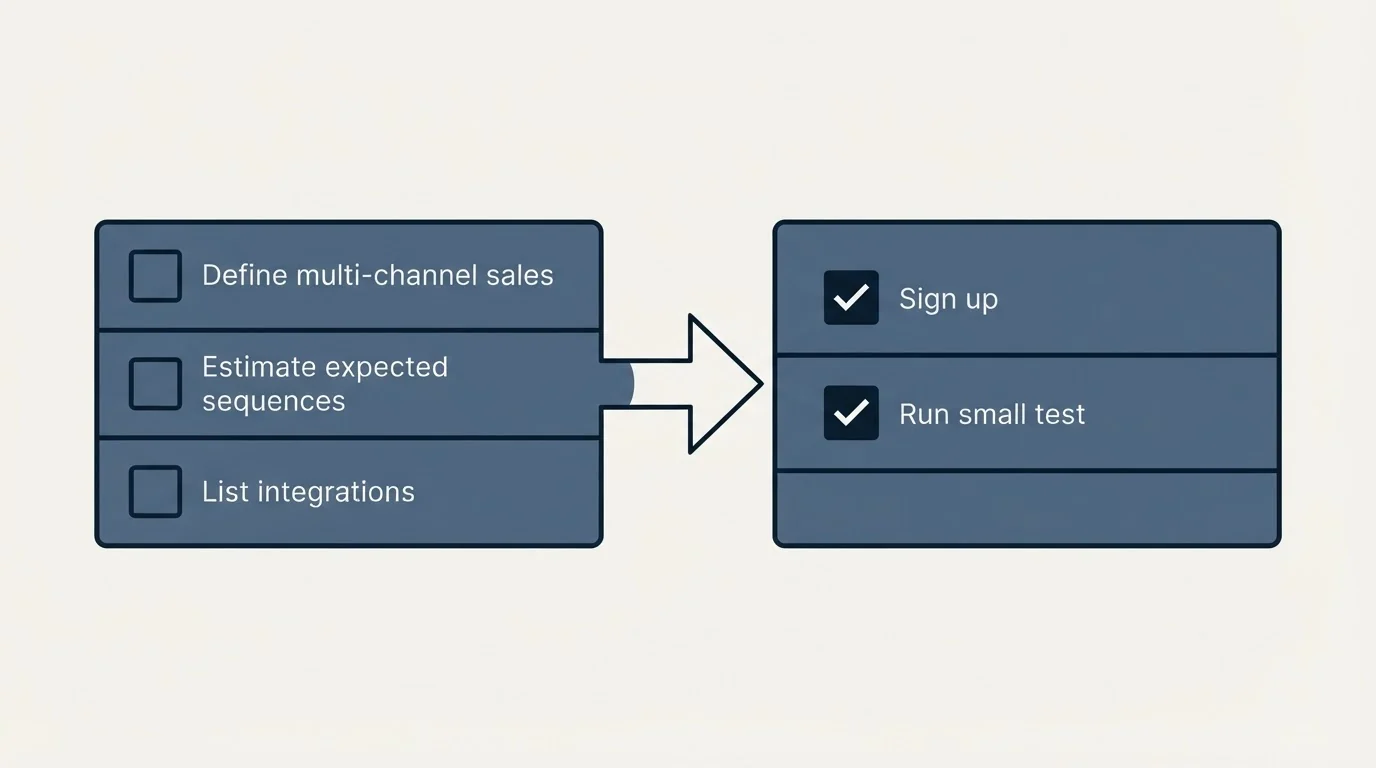 Before-and-after steps: Getting Started Checklist (Define multi-channel sales, Estimate expected sequences, List integrations, Sign up)