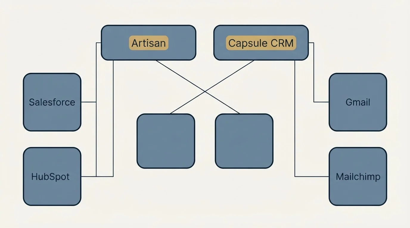 Integration grid: Integration Ecosystem (Artisan, Capsule CRM, Salesforce, Gmail)