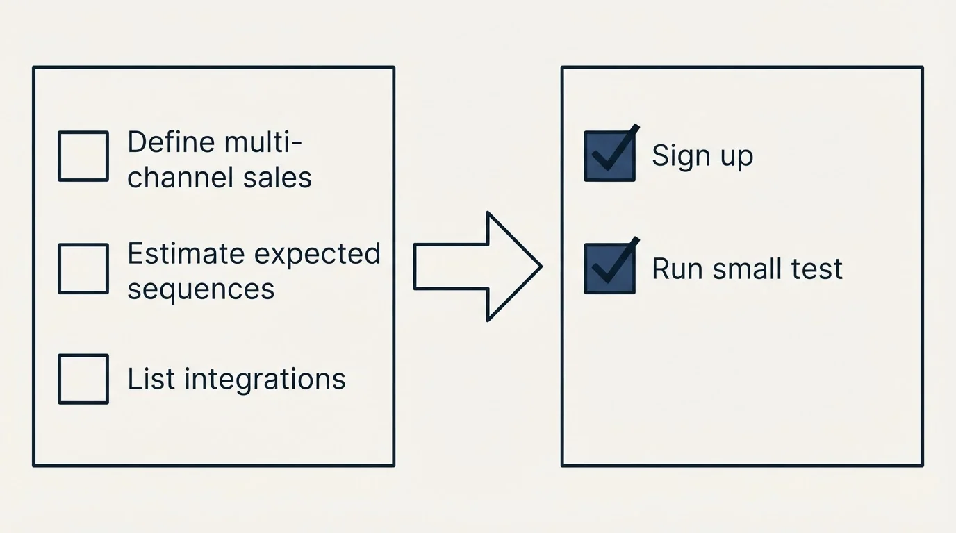Before-and-after steps: Getting Started Checklist (Define multi-channel sales, Estimate expected sequences, List integrations, Sign up)