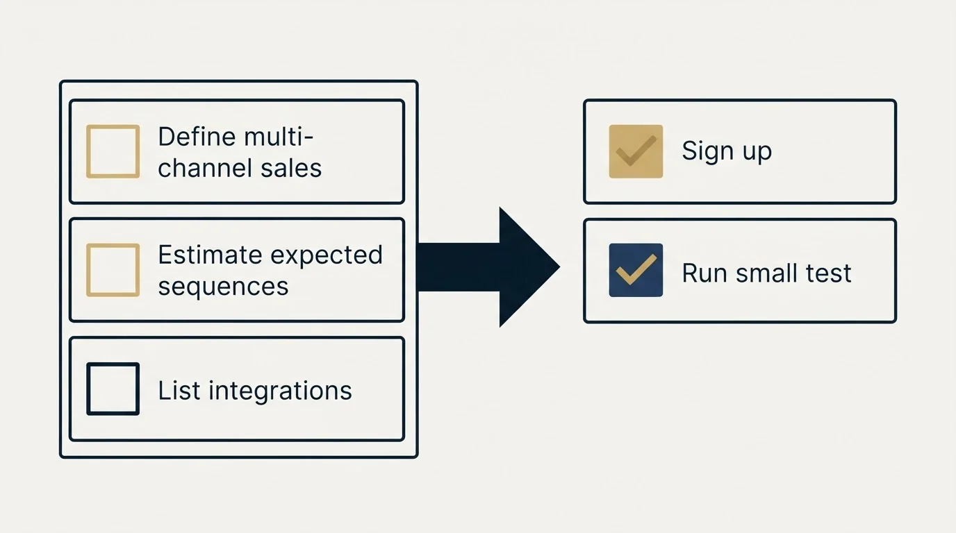 Before-and-after steps: Getting Started Checklist (Define multi-channel sales, Estimate expected sequences, List integrations, Sign up)
