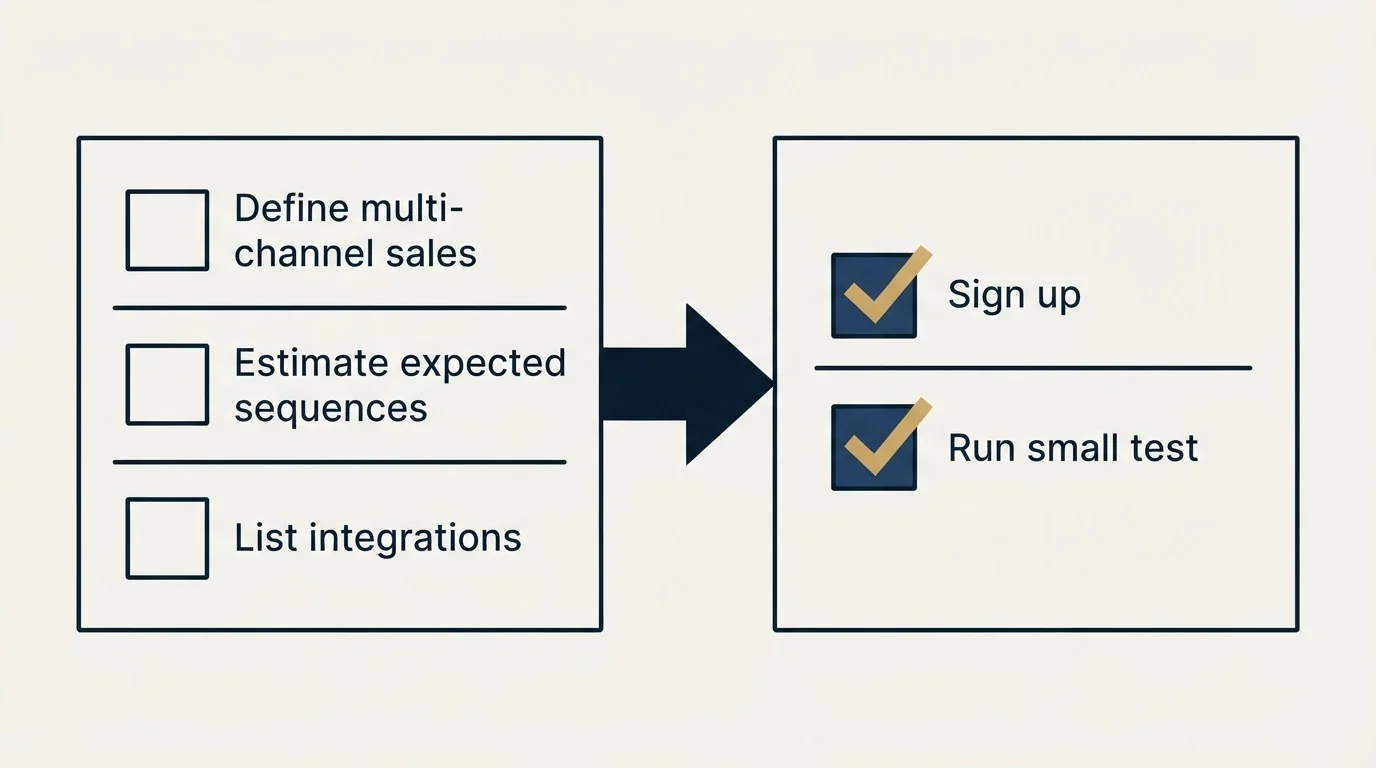Before-and-after steps: Getting Started Checklist (Define multi-channel sales, Estimate expected sequences, List integrations, Sign up)