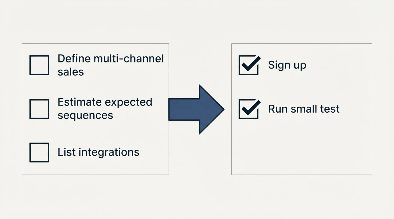 Before-and-after steps: Getting Started Checklist (Define multi-channel sales, Estimate expected sequences, List integrations, Sign up)