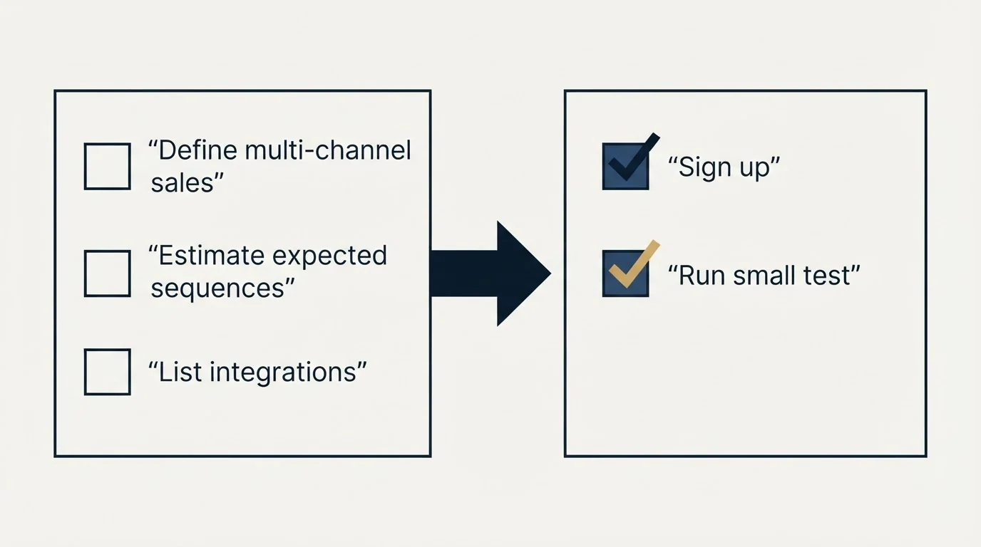 Before-and-after steps: Getting Started Checklist (Define multi-channel sales, Estimate expected sequences, List integrations, Sign up)